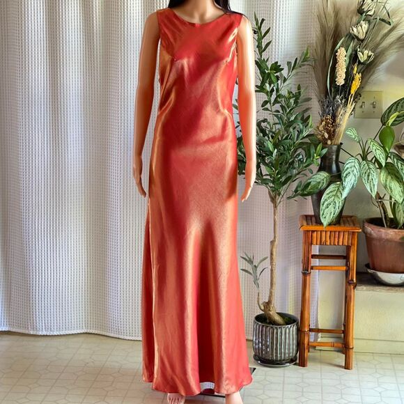 Vintage 90s Let’s Fashion Iridescent Orange Rosette Gown Open Back Dress Size L - Picture 3 of 15